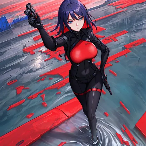 nixeu_basic2:0.7, (wlop, nixeu, semi-realistic, bochen, guweiz, anime, masterpiece, highres, ultra detailed), ((1girl, solo, Elster, Black Bodysuit)), red pupils, blue eyes, Red background, red water, flooded building, from below, revolver, holding gun, handgun breasts <lora:Elster:0.5>