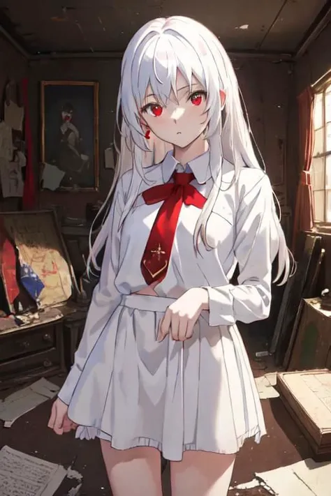 (masterpiece,best quality) , absurdres, indoors, detailed background, messy room, BREAK 1girl, solo, looking at viewer, red eyes, white hair, standing, cowboy shot, upper body,