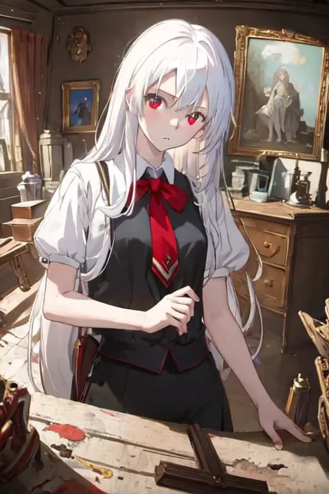(masterpiece,best quality) , absurdres, indoors, detailed background, messy room, BREAK 1girl, solo, looking at viewer, red eyes, white hair, standing, cowboy shot, upper body,