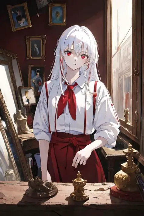 (masterpiece,best quality) , absurdres, indoors, detailed background, messy room, BREAK
looking at viewer, red eyes, white hair, standing, cowboy shot, upper body,
