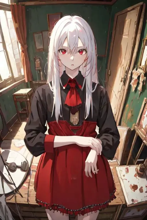 (masterpiece,best quality) , absurdres, indoors, detailed background, messy room, BREAK 1girl, solo, looking at viewer, red eyes, white hair, standing, cowboy shot, upper body,