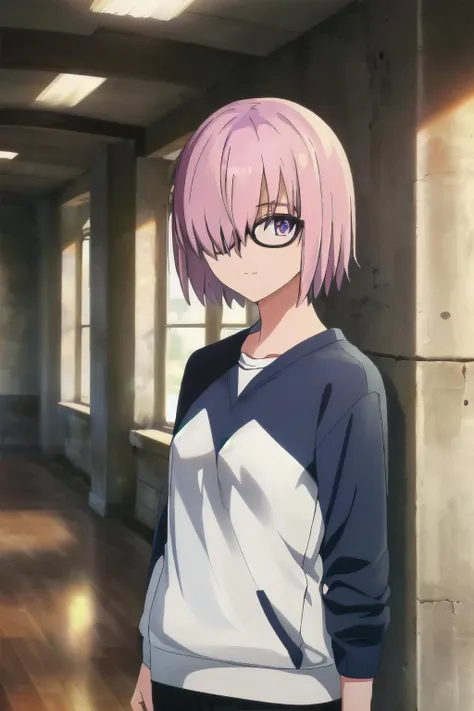 (high quality, high resolution:1.3), 4k, masterpiece, detailed background, indoors, <lora:FGO_Style-14:1>
BREAK
1girl, solo, <lora:mash kyrielight by goofy ai:1>, mash kyrielight, light purple hair,short hair,hair over one eyes, glasses, purple eyes, (medium sho:1.1)t, sweatshirt<lora:GoodHands-vanilla:1.0><lora:GoodHands-beta2:1.0><lora:GoodHands-beta2:1.0>