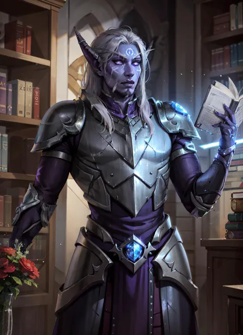 1boy, cowboy shot of henightborne, purple skin, tattoo, facepaint, glowing white eyes, long white hair, goatee, silver armor, pauldrons with glowing crystals, athletic, library, holding a book, bookshelf, magic, volumetric lighting, best quality, masterpiece, realistic, <lora:sxz-nightborne:0.8>