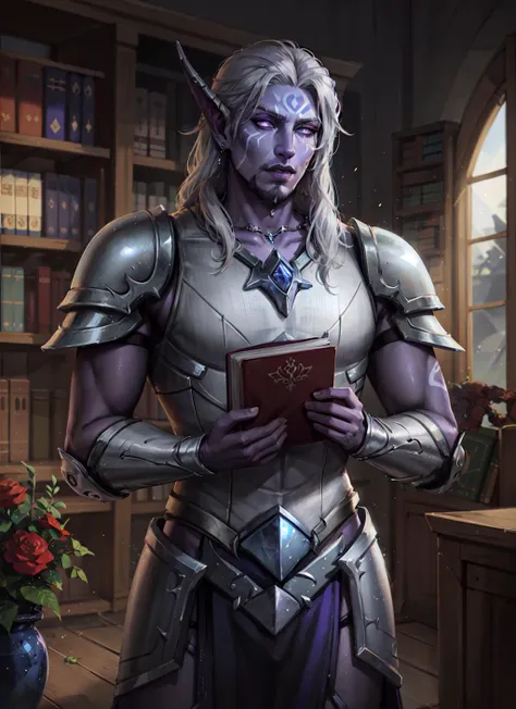 1boy, cowboy shot of henightborne, purple skin, tattoo, facepaint, glowing white eyes, long white hair, goatee, silver armor, pauldrons with glowing crystals, athletic, library, holding a book, bookshelf, magic, volumetric lighting, best quality, masterpiece, realistic, <lora:sxz-nightborne:0.6>