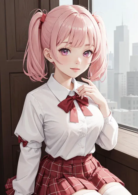 ((masterpiece)),(best quality),official art,extremely detailed CG,unity 8k wallpaper,ultra detailed,beautiful detailed eyes,extremely detailed face,1girl,solo,upper body,(portrait:1.5),looking at viewer,facing viewer,smile,short_hair,pink_hair,short_twintails,hair_ribbon,sidelocks,bangs,pink_eyes,mitakihara_school_uniform,puffy detached sleeves,red_bow,pleated skirt,plaid_skirt,zettai_ryouiki,white_thighhighs,loafers