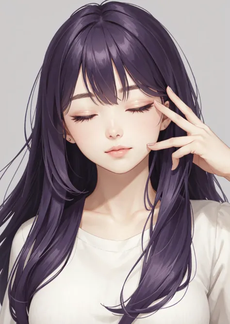 a cute women, eyes kinda closed, purple