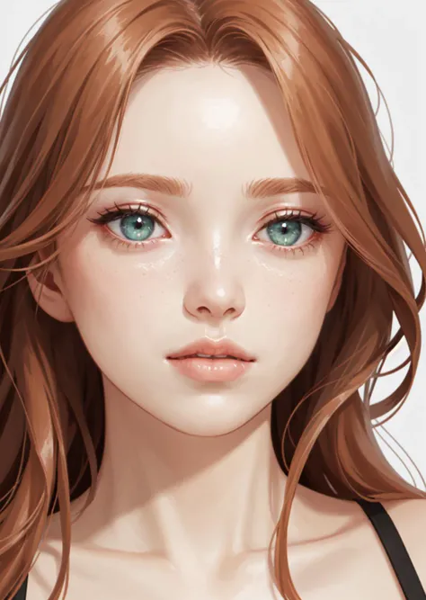 (close-up editorial photo of 20 yo woman, ginger hair, slim American sweetheart), (freckles:0.8), (lips parted), realistic green eyes, POV, realistic[:, (film grain, 25mm, f/1.2, dof, bokeh, beautiful symmetrical face, perfect sparkling eyes, well defined pupils, high contrast eyes, ultra detailed skin, skin pores, vellus hair, fabric stitching, fabric texture, wood grain, stone texture, finely detailed features:1):0.9]
