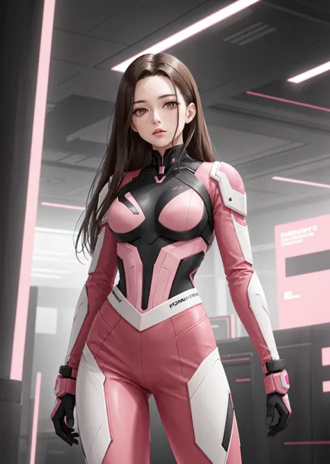cinematic portrait, young woman with (shoulder-length:0.5), brunette hair and hazel eyes, wearing a pink formfitting high-tech futuristic outfit and pants