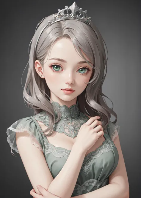 Best quality, highly detailed image, masterpiece, ultra high res, cute women, realistic lighting, cute gray dress, beautiful hair style, princess crown, highly detailed green eyes, highly detailed face, beautiful body