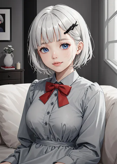 masterpiece, best quality, 1girl, siesta, solo, detectivesiesta, smile, short hair, bangs, blue eyes, shirt, hair ornament, long sleeves, (grey dress:1.2), bow, (white hair:1.2), hairclip, blunt bangs, bowtie, x hair ornament, red bowtie, medium breast, indoors,