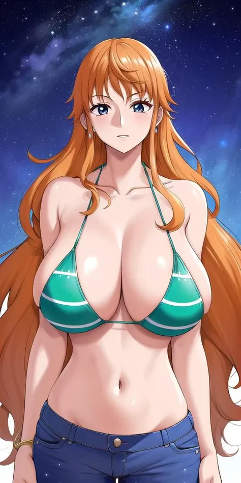 <lora:NamiV1:0.7> n4mi, huge_breasts, standing, solo, TSN4mi_long_hair, Green_striped_bikini_top_only_Jeans, starry_sky,, masterpiece, best quality, detailed face, detailed eyes, highres,