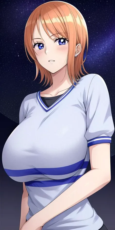 <lora:NamiV2:0.7> n4mi, huge_breasts, standing, solo, OGN4mi_short_hair, white_dress, starry_sky,, masterpiece, best quality, detailed face, detailed eyes, highres,