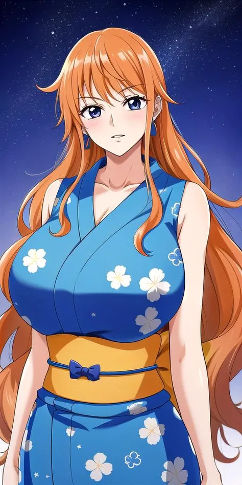 <lora:NamiV1:0.7> n4mi, huge_breasts, standing, solo, TSN4mi_long_hair, Blue_sleeveless_short_kimono_Floral_print_Orange_back_bow, starry_sky,, masterpiece, best quality, detailed face, detailed eyes, highres,