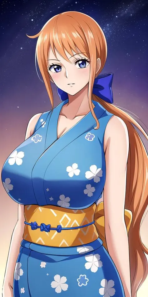 <lora:NamiV1:0.7> n4mi, huge_breasts, standing, solo, WanoN4mi_hair_bow_low_ponytail, Blue_sleeveless_short_kimono_Floral_print_Orange_back_bow, starry_sky,, masterpiece, best quality, detailed face, detailed eyes, highres,