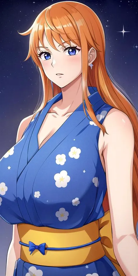 <lora:NamiV1:0.7> n4mi, huge_breasts, standing, solo, TSN4mi_long_hair, Blue_sleeveless_short_kimono_Floral_print_Orange_back_bow, starry_sky,, masterpiece, best quality, detailed face, detailed eyes, highres,