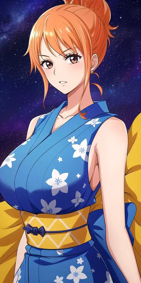 <lora:NamiV1:0.7> n4mi, huge_breasts, standing, solo, N4mi_half_updo, Blue_sleeveless_short_kimono_Floral_print_Orange_back_bow, starry_sky,, masterpiece, best quality, detailed face, detailed eyes, highres,