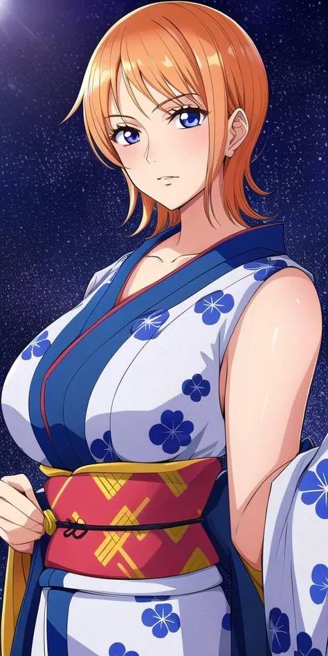 <lora:NamiV1:0.7> n4mi, huge_breasts, standing, solo, OGN4mi_short_hair, kimono, starry_sky,, masterpiece, best quality, detailed face, detailed eyes, highres,