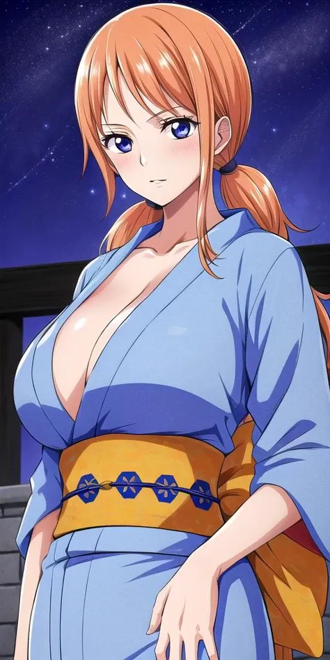 <lora:NamiV1:0.7> n4mi, huge_breasts, standing, solo, N4mi_twintails, kimono, starry_sky,, masterpiece, best quality, detailed face, detailed eyes, highres,