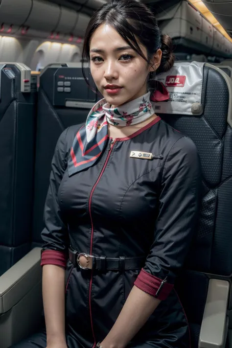 (realistic:1.3), finely detailed, quality, rembrandt lighting, (masterpiece:1.2), (photorealistic:1.2), (best quality), (detailed skin:1.3), (intricate details), dramatic, ray tracing, 1girl, japanese girl, 21 years old, detailed skin texture, (blush:0.5), (goosebumps:0.5), subsurface scattering, smiling, medium breasts, updo hair, bangs, hair between eyes, jal uniform, black uniform, black dress, neck scarf, (brightly lit, airplane cabin), <lora:jaluniform_lora:0.7>