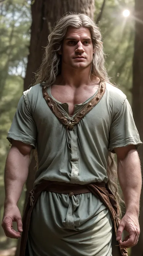 handsome face, walking in forest, (romantic lighting:1.3), (sunny day:1.2), (muscular guy wearing loose medieval shirt:1.3), (medieval theme:1.3), (fantasy them:1.2), confident, handsome, wind blowing, (((masterpiece))), (((best quality))), messy loose long silver hair:0.8, male, caucasian, white guy, dirty, sweaty, ripped clothes, <lora:GeraltRiviaHenrycavill (1):0.9>, GeraltRiviaHenrycavill