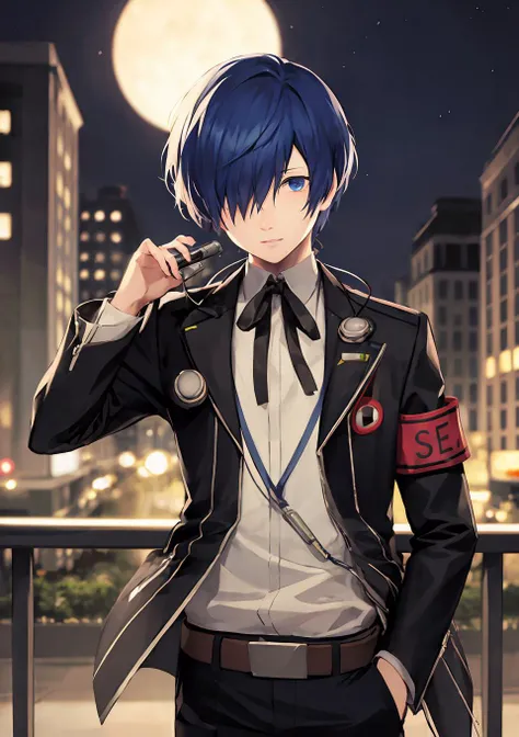 1boy, solo, detailed background, city, night, headphones, school uniform, jacket, ribbon, armband, digital media player, <lora:persona3_yuki-10:1> yuki makoto, hair over one eye