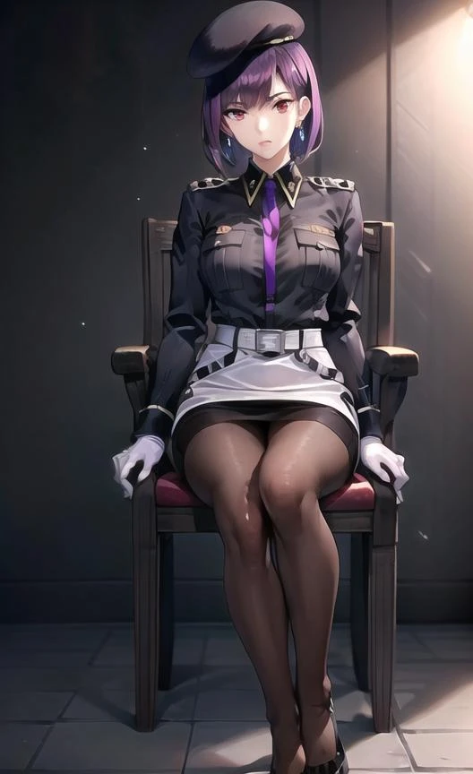 extremely detailed CG unity 8k wallpaper, realistic, hand by Guido Daniele, holographic interface,
1girl, solo, pantyhose, skirt, uniform, hat, gloves, Fuchsia hair, short hair, military, full body, military uniform, looking at viewer, white gloves, red eyes, necktie, beret, white skirt, belt, standing, black footwear, jacket, pencil skirt, black pantyhose, long sleeves, purple necktie, bangs, high heels, earrings, closed mouth, breasts,on chair, chair, feet up,