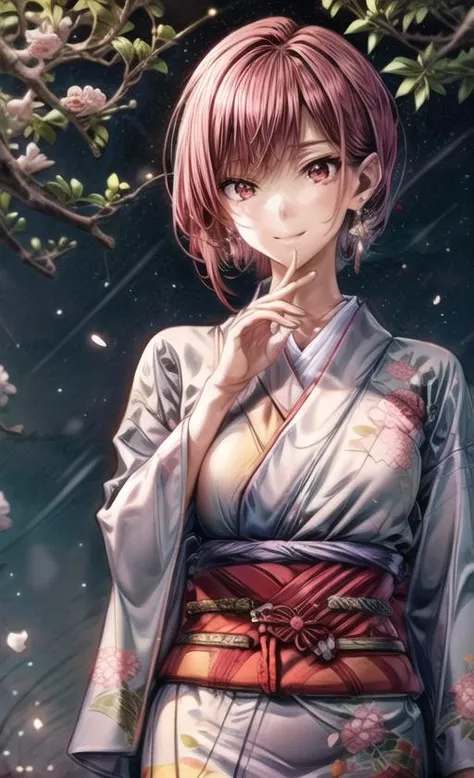 extremely detailed CG unity 8k wallpaper, realistic, Japanese garden, peonies, seductive smile,
1girl, solo, red hair, short hair, red eyes, bangs,  earrings, closed mouth, five fingers
<lora:new_hefu_:0.7>, (yellow/blue/green/white/black/red/pink kimono), (japanese clothes), (floral print), (long sleeves) , <lora:add_detail:2>