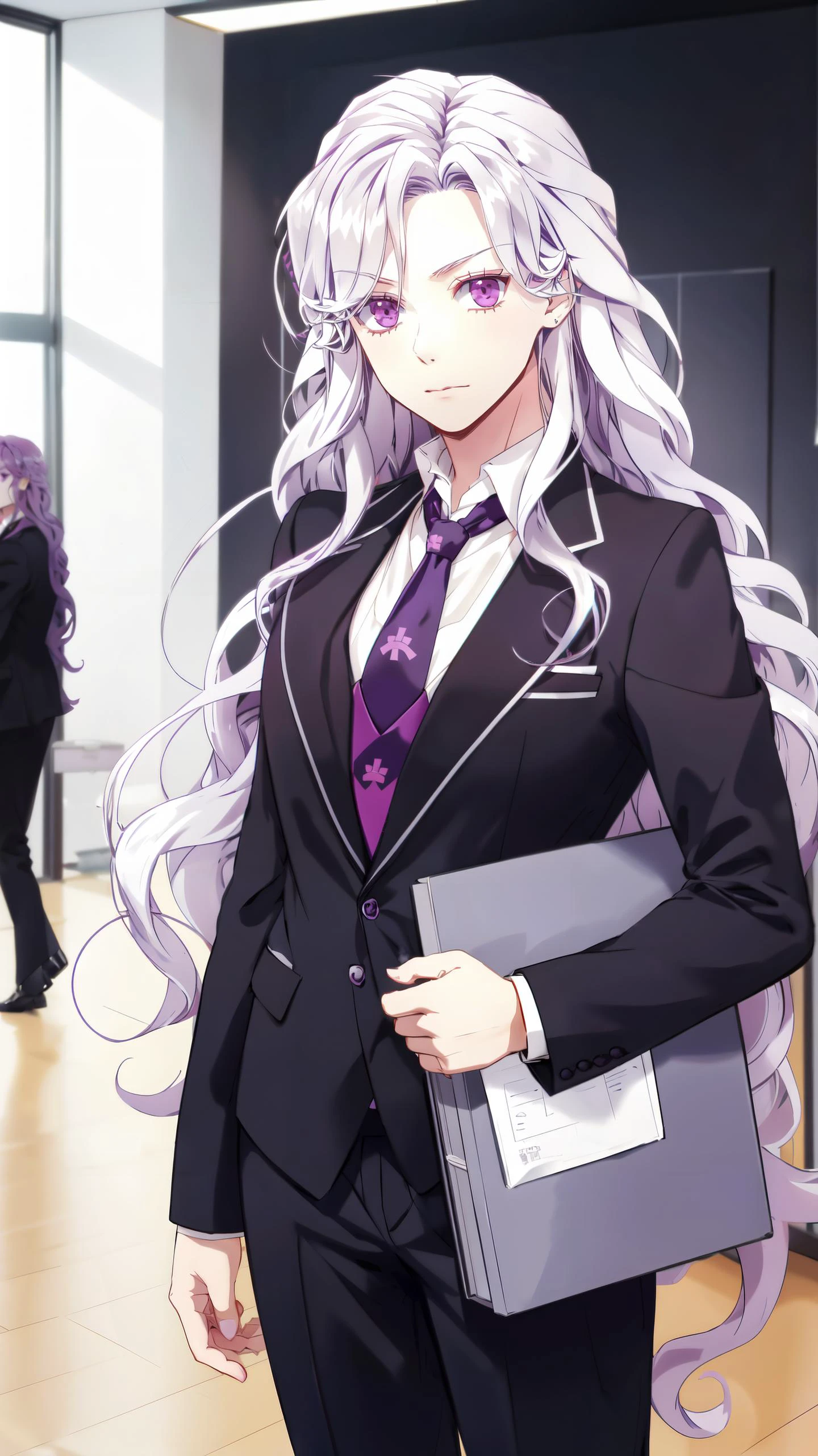 <lora:Abigail-002-000007:0.9> abigail, long hair, solo, looking at viewer, purple eyes, very long hair, white hair, pink eyes, curly hair
(black business suit, necktie:1.2)
(inside office),