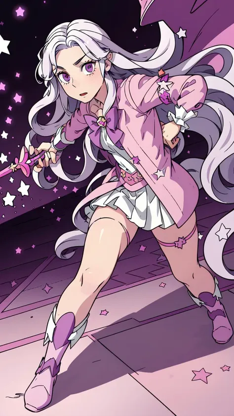 masterpiece, best quality,
<lora:Abigail-002-000007:0.7> abigail, long hair, solo, looking at viewer, purple eyes, very long hair, white hair, pink eyes, curly hair
vivid colors,
1girl, (solo)
(magical girl outfit, magic wand:1.2)
standing on one leg,
fighting against monster,