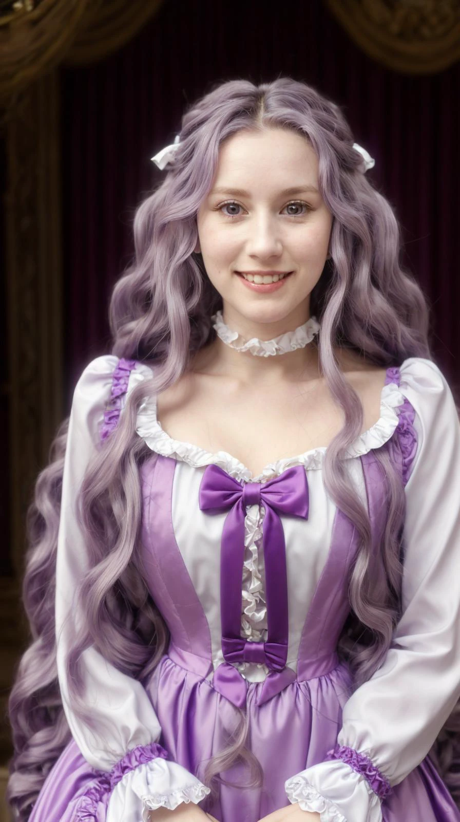masterpiece, best quality
raw photo,
<lora:Abigail-002-000007:0.7> abigail, long hair, solo, looking at viewer, purple eyes, very long hair, white hair, pink eyes, curly hair
"adult woman", (25 years old, 25y.o.),
dress, frills, long sleeves, frilled sleeves, wide sleeves, collarbone, blue bow, smile,