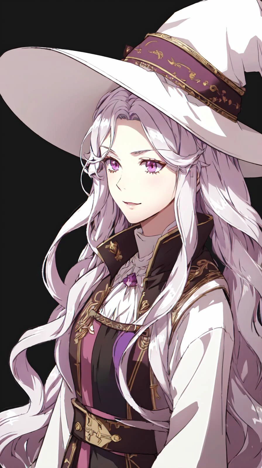 masterpiece, best quality
<lora:Abigail-002-000007:0.7> abigail, long hair, solo, looking at viewer, purple eyes, very long hair, white hair, pink eyes, curly hair
"adult woman", (25 years old, 25y.o.),
(vivid colors)
(witch, black dess, whitch hat),
(simple white background),
<lora:FE13 Style v2:0.7> FE13, FE13-STYLE, FIRE EMBLEM, FIRE EMBLEM AWAKENING