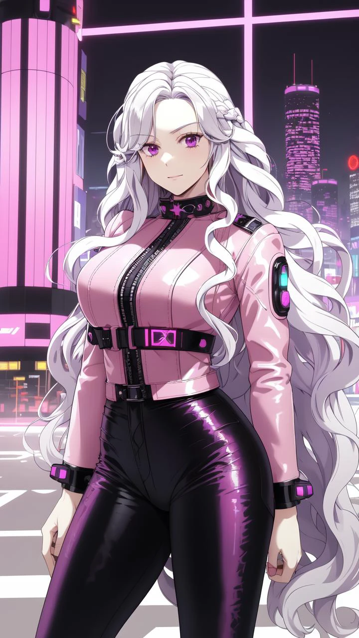 masterpiece, best quality,
<lora:Abigail-002-000007:0.7> abigail, long hair, solo, looking at viewer, purple eyes, very long hair, white hair, pink eyes, curly hair
vivid colors,
1girl, (solo)
(futuristic leather outfit, black pants:1.2),
(cyberpunk, distopian, city, science fiction, ),