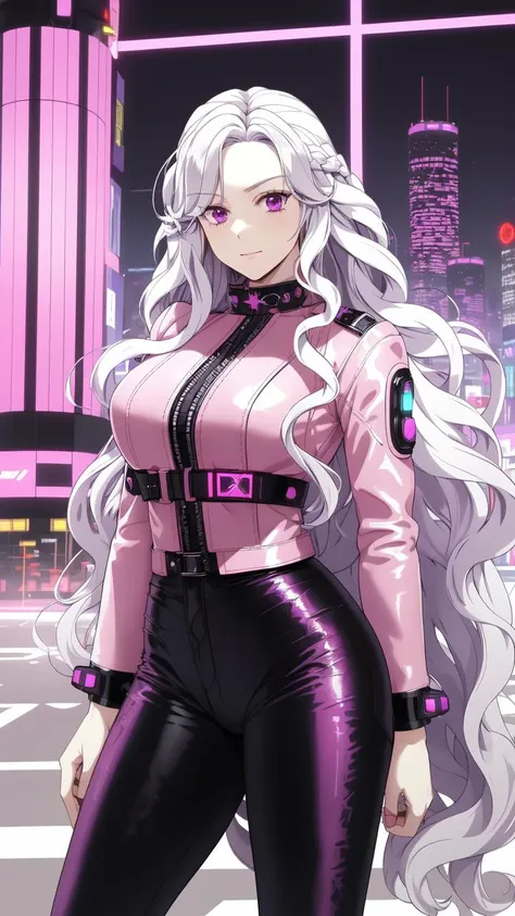 masterpiece, best quality,
<lora:Abigail-002-000007:0.7> abigail,  long hair, solo, looking at viewer, purple eyes, very long hair, white hair, pink eyes, curly hair
vivid colors,
1girl, (solo)
(futuristic leather outfit, black pants:1.2),
(cyberpunk, distopian, city, science fiction, ),