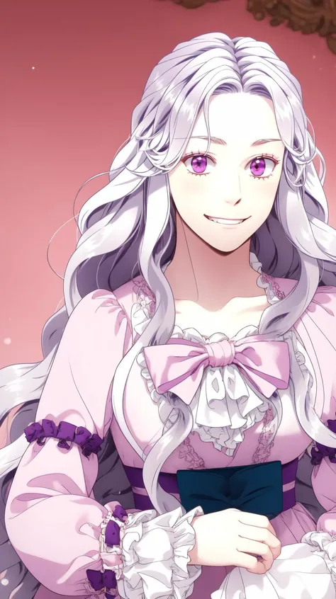 masterpiece, best quality
<lora:Abigail-002-000007:1> abigail, long hair, solo, looking at viewer, purple eyes, very long hair, white hair, pink eyes, curly hair
dress, frills, long sleeves, frilled sleeves, wide sleeves, collarbone, blue bow, smile,