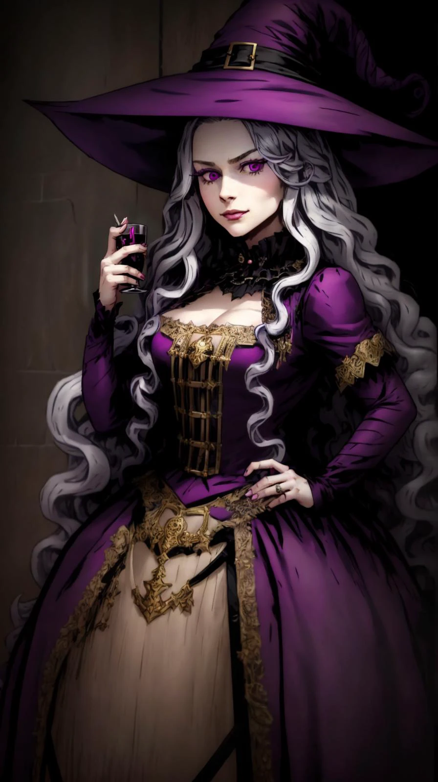 DDSTYLE
masterpiece, best quality
<lora:Abigail-002-000007:0.7> abigail, long hair, solo, looking at viewer, purple eyes, very long hair, white hair, pink eyes, curly hair
"adult woman", (25 years old, 25y.o.),
evil witch, black dress, witch hat,
<lora:DarkestDungeonV2:0.6> ,darkest dungeon,