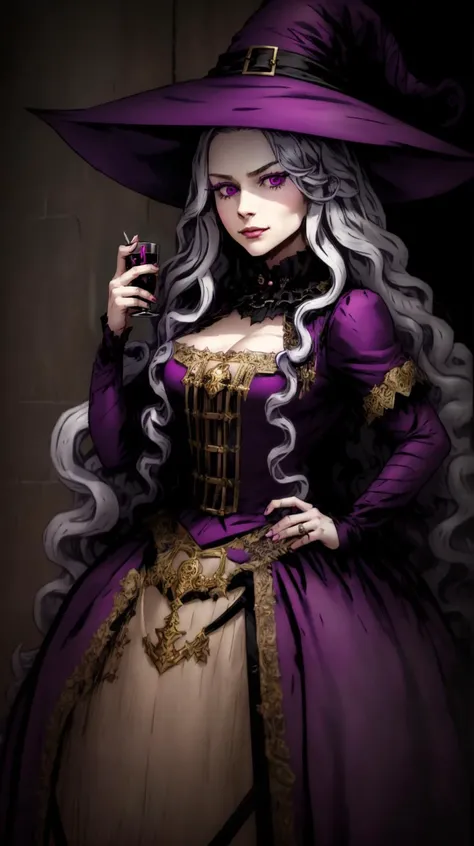 DDSTYLE
masterpiece, best quality
<lora:Abigail-002-000007:0.7> abigail, long hair, solo, looking at viewer, purple eyes, very long hair, white hair, pink eyes, curly hair
"adult woman", (25 years old, 25y.o.),
evil witch, black dress, witch hat,
<lora:DarkestDungeonV2:0.6> ,darkest dungeon,