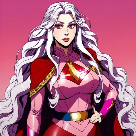 masterpiece, best quality
 <lora:Abigail-002-000007:0.7> abigail,  long hair, solo, looking at viewer, purple eyes, very long hair, white hair, pink eyes, curly hair
"adult woman", (25 years old, 25y.o.),
(vivid colors)
(super hero outfit, red cape)