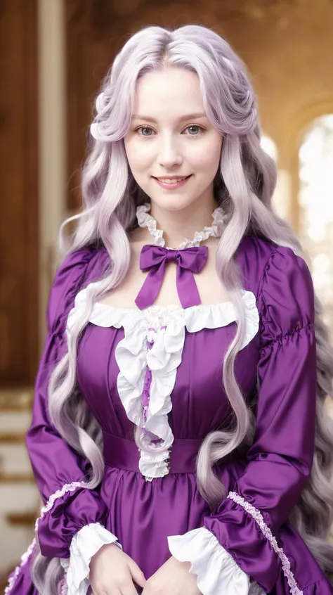 masterpiece, best quality
raw photo
 <lora:Abigail-002-000007:0.7> abigail,  long hair, solo, looking at viewer, purple eyes, very long hair, white hair, pink eyes, curly hair
"adult woman", (25 years old, 25y.o.),
dress, frills, long sleeves, frilled sleeves, wide sleeves, collarbone, blue bow, smile,