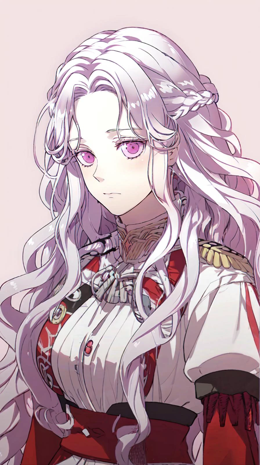 masterpiece, best quality
<lora:Abigail-002-000007:0.7> abigail, long hair, solo, looking at viewer, purple eyes, very long hair, white hair, pink eyes, curly hair
"adult woman", (25 years old, 25y.o.),
(vivid colors)
(red military uniform)
(simple white background),
<lora:FE16 Style LoCon:1> fire emblem,FE16, FE16-STYLE,FIRE EMBLEM THREE HOUSES,