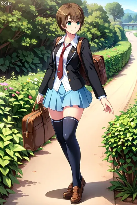 ((masterpiece)),((best quality)),ultra-detailed,illustration,thighhighs, short hair, brown hair, green eyes, school uniform, bag, 1girl, school bag, solo, skirt, black thighhighs, zettai ryouiki, necktie, breasts, solo focus, jacket, fence, blazer, large breasts, frown, looking at viewer, pleated skirt,Beautiful body,Beautiful Nose,Beautiful character design,perfect eyes,perfect face,alluring,wallpaper,perfect lighting,Colorful,ultra highres,4K,photography,8K,HDR,highres,(groin),inoue orihime,(Beautiful, small breasts:1.2),(beautiful face:1.2),(narrow waist),(full body),shiny skin,nsfw,anime screencap,closed mouth,smile, <lora:Kamishiro Hikaru:0.7>