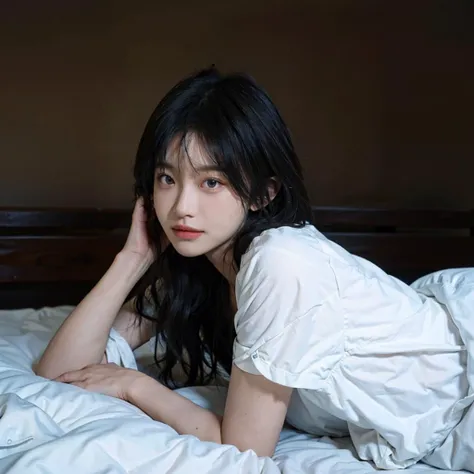soft lighting, RAW photo, (perfect lighting), (masterpiece), (best quality:1.0), (ultra highres:1.0), extreme detailed eyes, symmetry, upper body, (HQ skin:1.2, shiny skin), (photorealistic:1.37, realistic), highly detailed CG unified 8K wallpapers, perfect eyes, (dynamic pose:1), portrait, 8K, Best quality, ultra high res, (photorealistic:1.4), raw photo, (Authentic skin texture:1.3),1girl,beautiful detailed eyes and face,masterpiece, best quality ,upper body, (sideview), in bedroom, lie on the bed, lying in bed, sleeping, wearing pajamas, sleeping clothes, <lora:koreanDollLikeness:0.2>