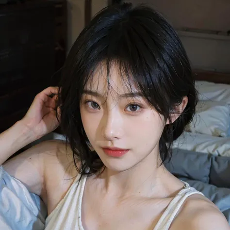 soft lighting, RAW photo, (perfect lighting), (masterpiece), (best quality:1.0), (ultra highres:1.0), extreme detailed eyes, symmetry, upper body, (HQ skin:1.2, shiny skin), (photorealistic:1.37, realistic), highly detailed CG unified 8K wallpapers, perfect eyes, (dynamic pose:1), portrait, 8K, Best quality, ultra high res, (photorealistic:1.4), raw photo, (Authentic skin texture:1.3), (film grain:1.3), (selfie angle),1girl,beautiful detailed eyes and face,masterpiece, best quality ,upper body, (top view), ((viewer from above)), in bedroom, lie on the bed, lying in bed, sleeping, wearing pajamas, sleeping clothes, <lora:koreanDollLikeness:0.2>