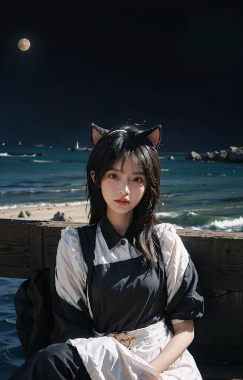 official art, unity 8k wallpaper, ultra detailed, beautiful and aesthetic, masterpiece, best quality, girl, solo, maid, kemonomimi_mode, {{black kneehighs}}, moon, stars, over the sea, fake animal ears, artbook, wallpaper, realistic, real, photo, above the waist, PerfectNwsjMajic, <lora:FilmProvia2:1> <lora:InsPX:1>