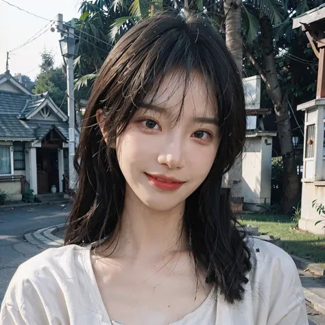 soft lighting, RAW photo, (perfect lighting), (masterpiece), (best quality:1.0), (ultra highres:1.0), extreme detailed eyes, symmetry, front view, upper body, (HQ skin:1.2, shiny skin), (photorealistic:1.37, realistic), highly detailed CG unified 8K wallpapers, perfect eyes, (dynamic pose:1), portrait, 8K, Best quality, ultra high res, (photorealistic:1.4), raw photo, (Authentic skin texture:1.3),1girl,beautiful detailed eyes and face,masterpiece, best quality ,upper body, smirk, cute smile, excited face, <lora:koreanDollLikeness:0.2>, outside a village, traditional, traditional houses, wearing traditional clothes