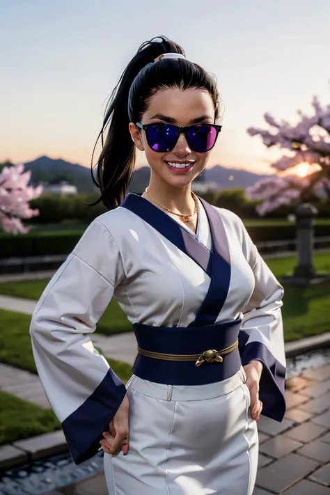 janet, black hair, ponytail, sunglasses, arm bandages, necklace, traditional kimono, sash, wide sleeves, looking at viewer,serious, grin, standing, upper body shot,hands on hips, outside, garden,  stone path, cherry blossom, dusk, sunset, high quality, masterpiece, <lora:janetcage:.8>