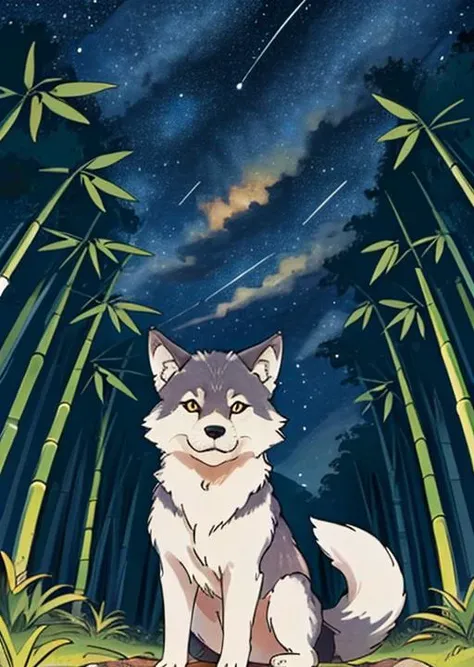 bamboo forest ,(cute),animal focus,night, starry sky, wolf,