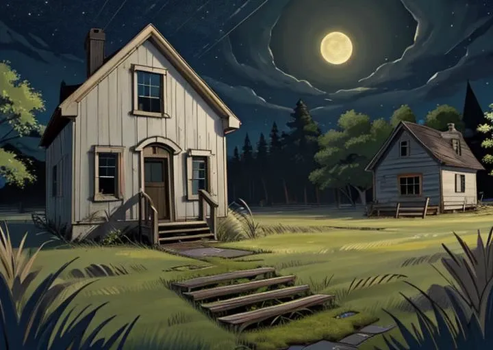 abandoned house, broken planks, moss, broken steps, unkempt yard, tall grass, weeds, terror,night,horror (theme),