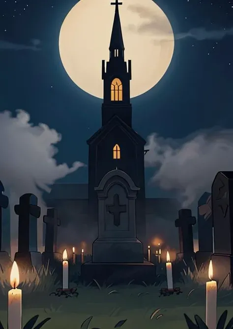 church, cemetery, fog, terror, graves, night, wax candles,horror (theme), fog,