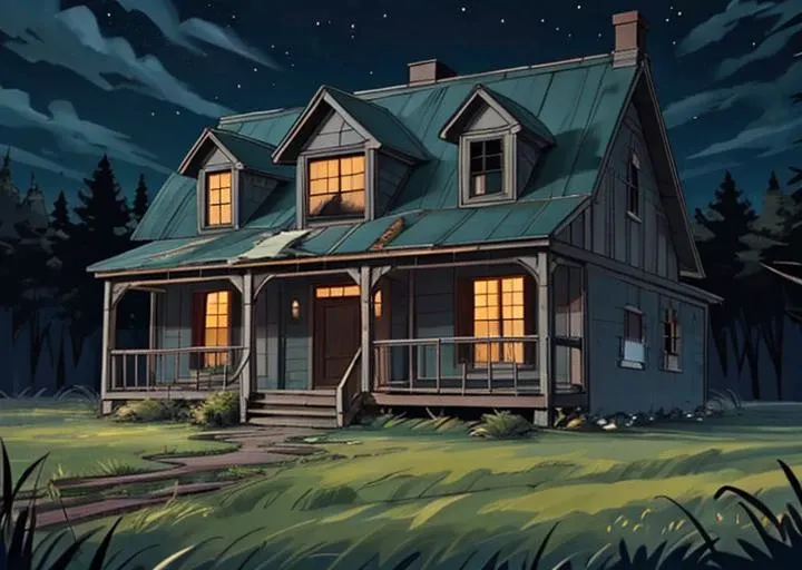 abandoned house, broken planks, moss, broken steps, unkempt yard, tall grass, weeds, terror,night,horror (theme),