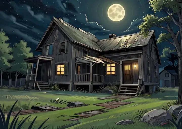 abandoned house, broken planks, moss, broken steps, unkempt yard, tall grass, weeds, terror,night,horror (theme),